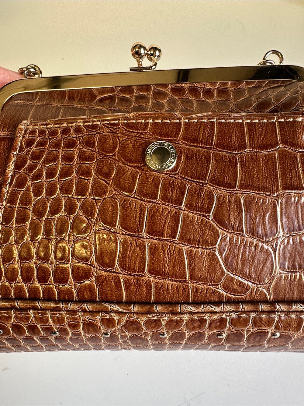 Vintage Y2K Liz Claiborne Brown Faux Alligator Kiss-Lock Frame Bag Mini Purse - Picture 7 of 16